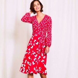 Boden Bright Red Floral Long Sleeve Dress